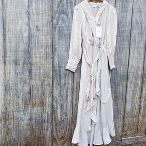Veiled Collection Shareen Wrap Front Satin Maxi Dress W/Bell Sleeves Taupe Small